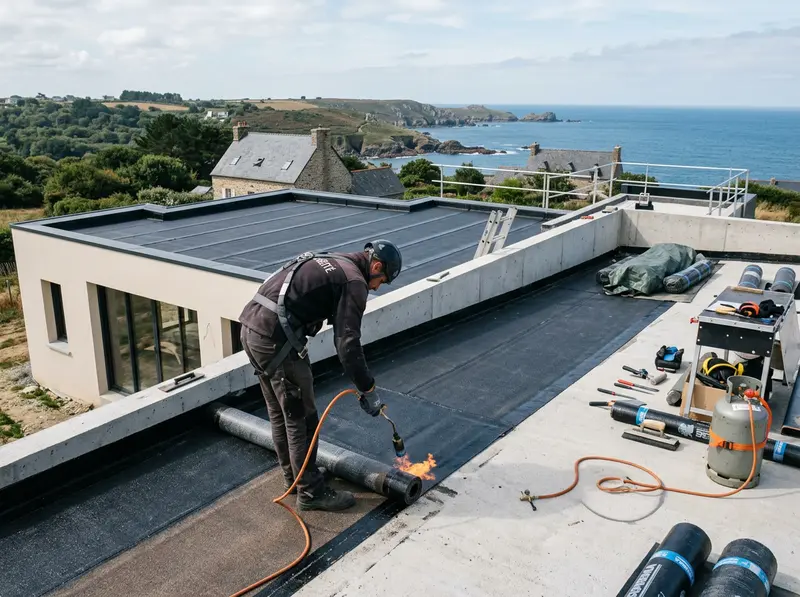 Pose d'une membrane d'étanchéité sur un toit-terrasse neuf