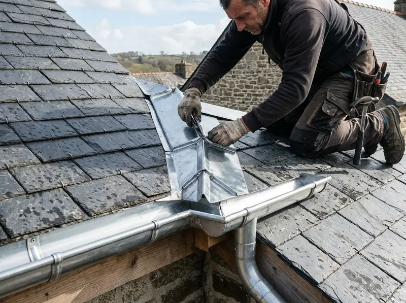 Pose d'une gouttière et de raccords en zinc sur un toit en ardoise